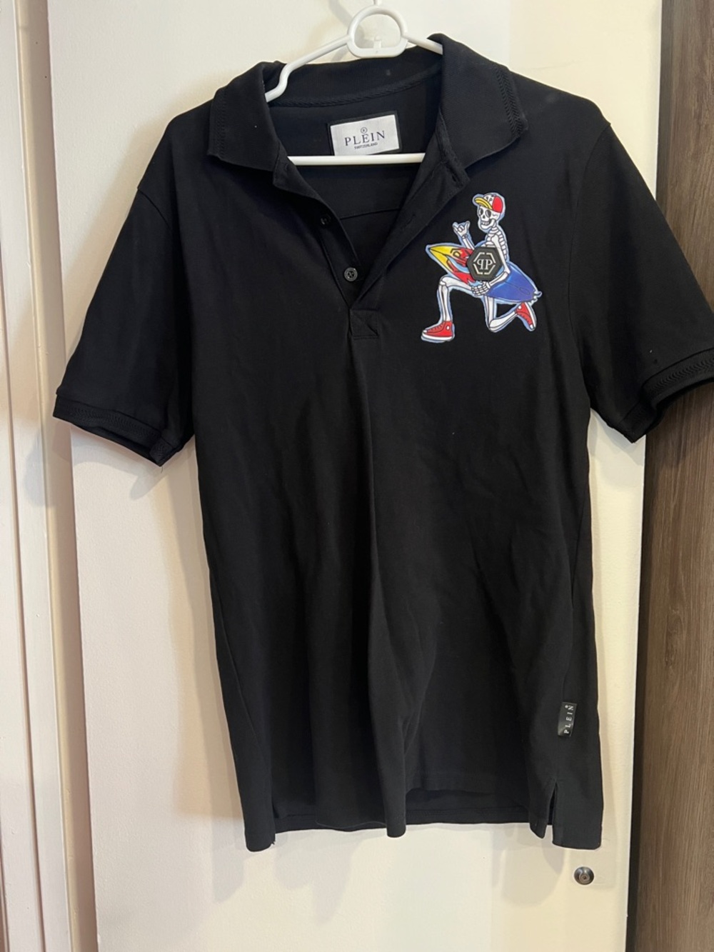 Philipp Plein Black Polo with Colorful Skeleton Surf Patch